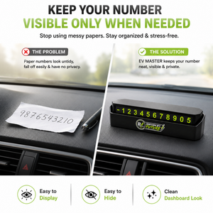 An infographic comparison showing a handwritten paper number on a dashboard versus a black electronic digital dashboard number display labeled 'EV MASTER'. The top text reads 'KEEP YOUR NUMBER VISIBLE ONLY WHEN NEEDED' with benefits and features listed below.