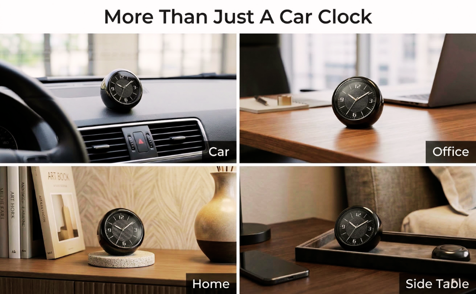 Stainless Steel Universal Car Dashboard Analog Clock, AC Vent Clip & 3M Tape Included