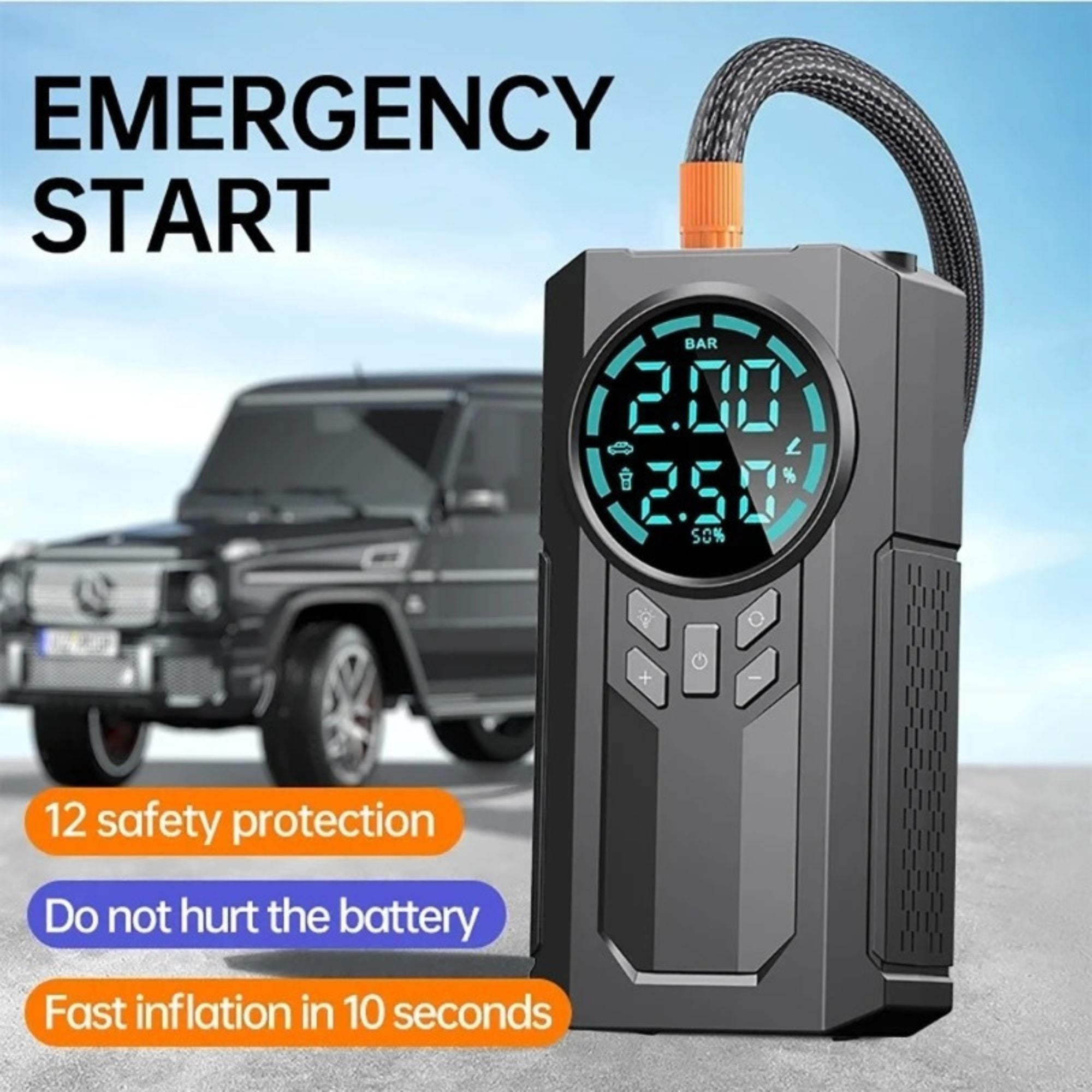 Portable Tyre Inflator with Jump Starter, Rechargeable Air Compressor Emergency Power Pump with LED Light