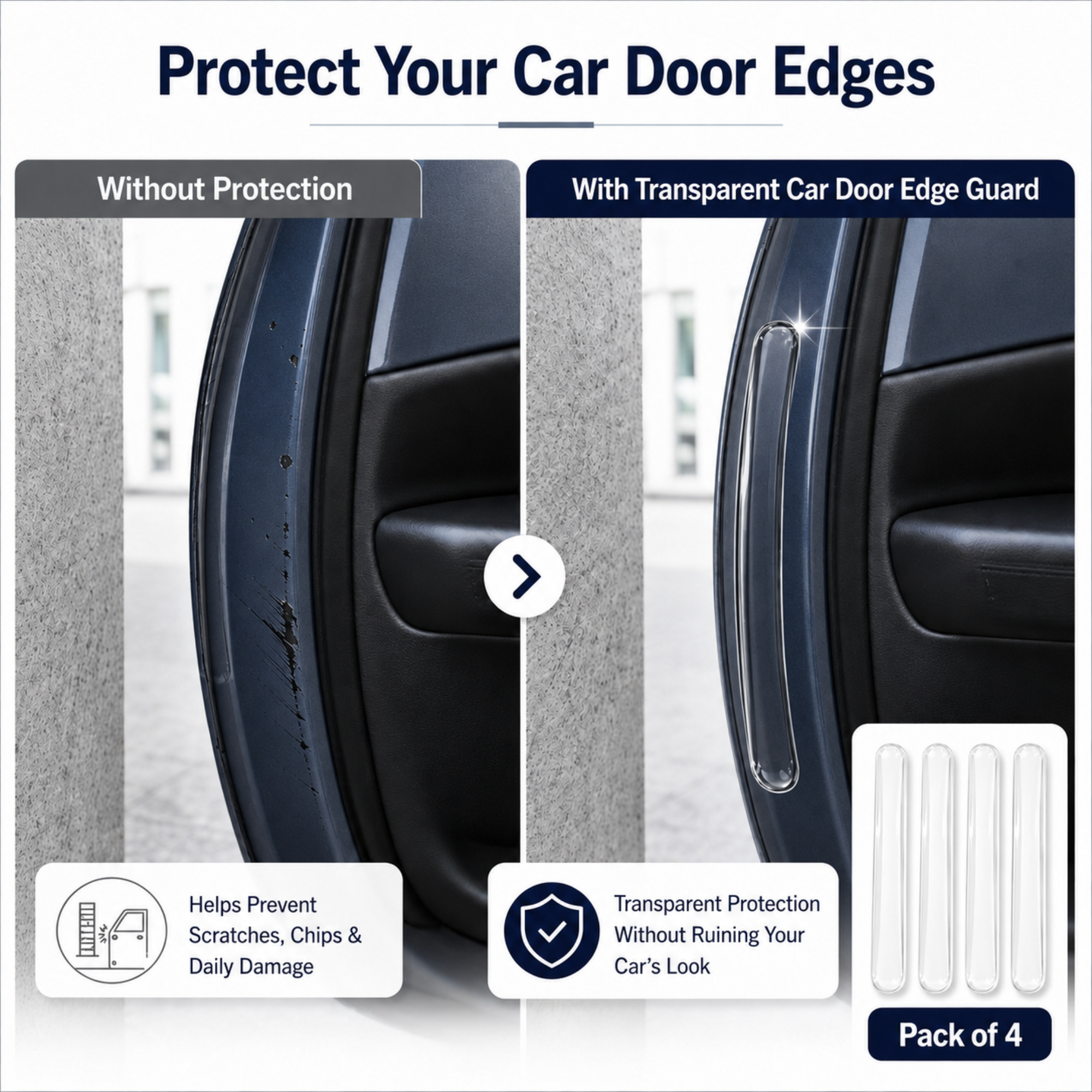Transparent Car Door Edge Guard Pack of 4 | Clear Car Door Protector Strip | Scratch, Chip & Dent Protection for Car Door Edges | Flexible, Durable & Easy to Install