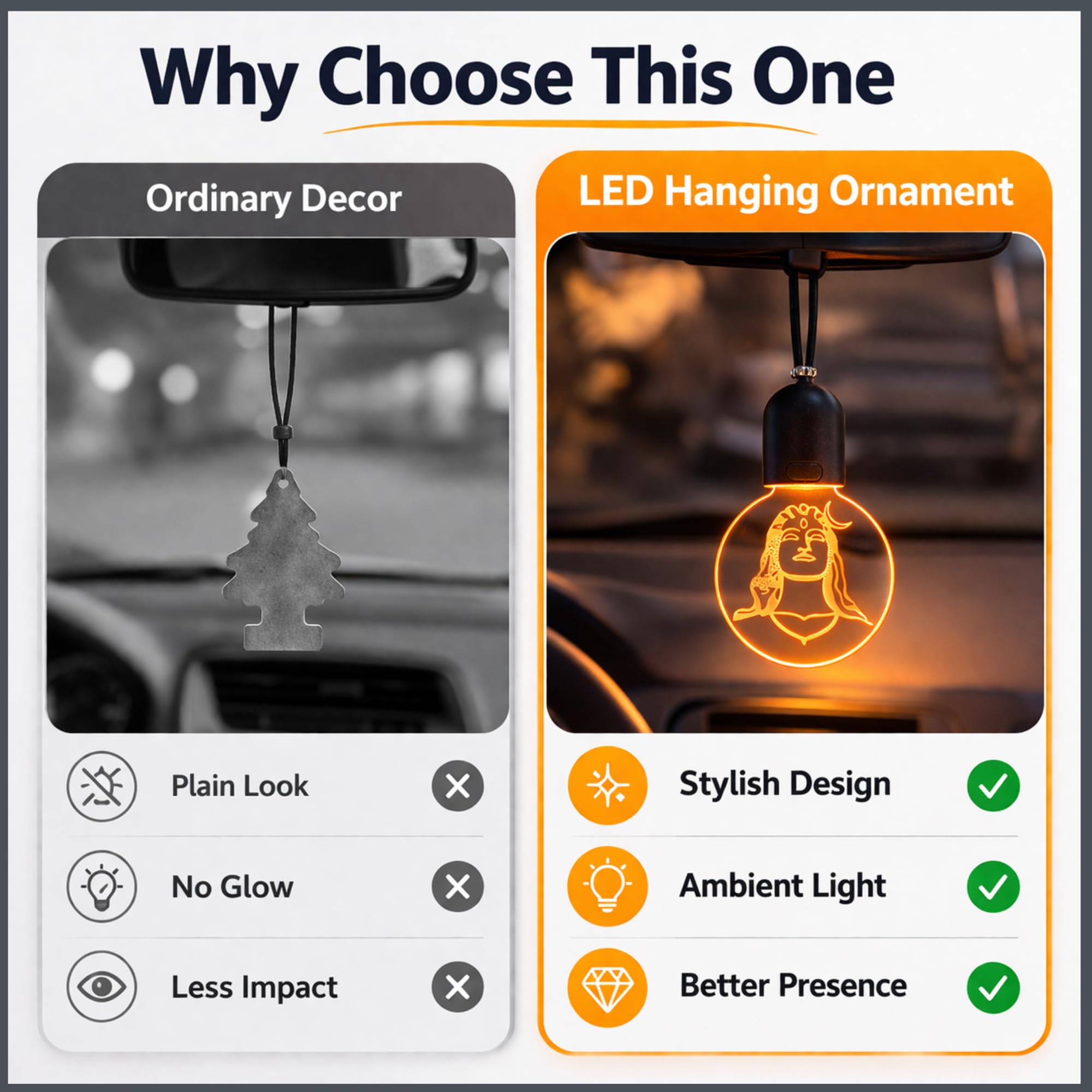 Car Rear View Mirror Hanging LED Adiyogi Shiva Light, USB Rechargeable Car Hanging Pendant, Spiritual Car Interior Decoration Accessory (Warm Light)