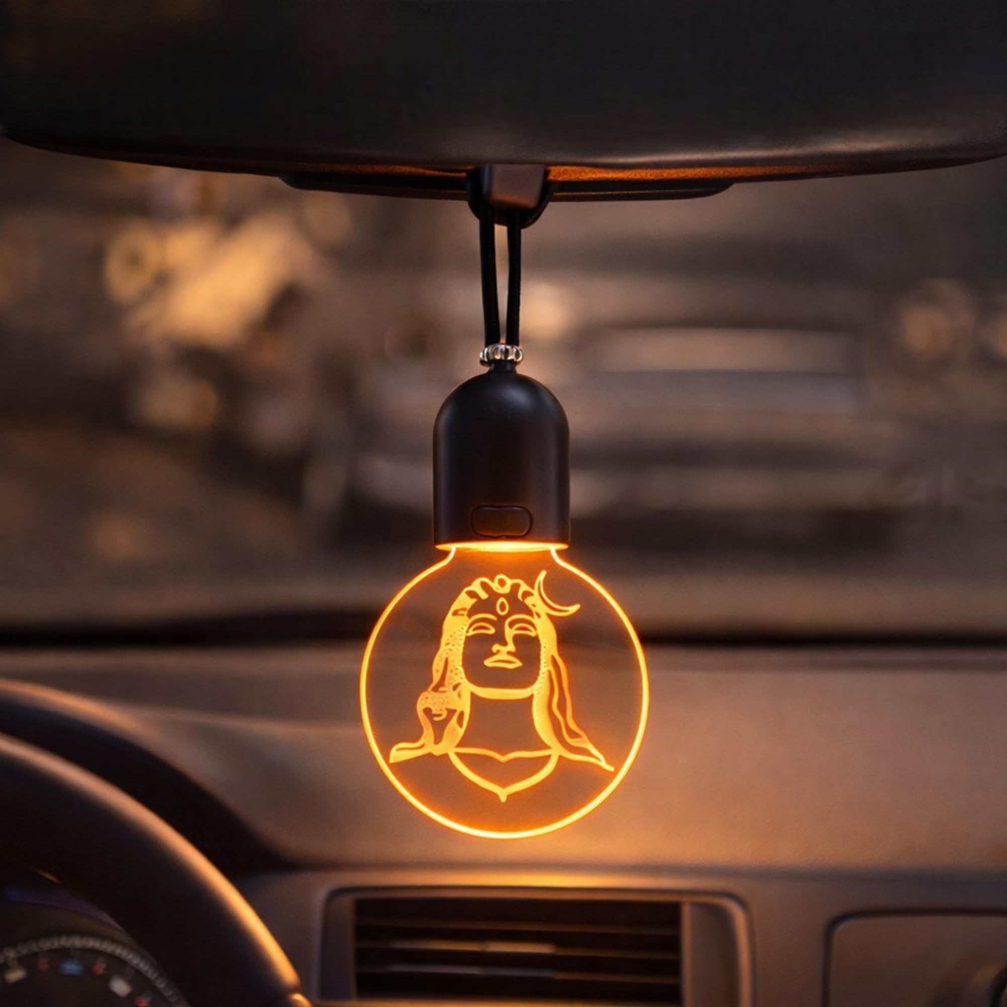 Car Rear View Mirror Hanging LED Adiyogi Shiva Light, USB Rechargeable Car Hanging Pendant, Spiritual Car Interior Decoration Accessory (Warm Light)