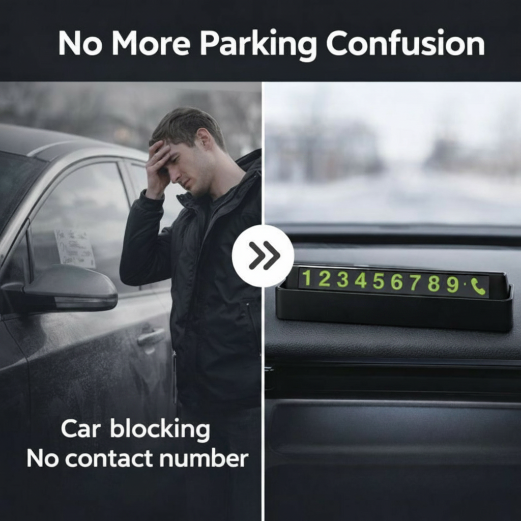 Person with a car blocking their view, with a digital parking meter displaying contact numbers on a car dashboard.