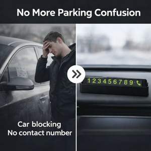 Person with a car blocking their view, with a digital parking meter displaying contact numbers on a car dashboard.