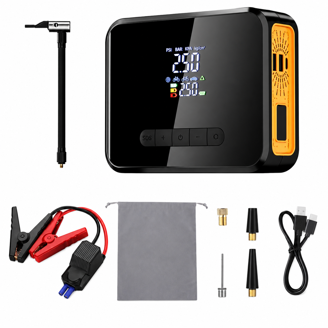 2-in-1 Car Jump Starter & Tyre Inflator- 8000mAh Emergency Power Bank, Dual USB Charging