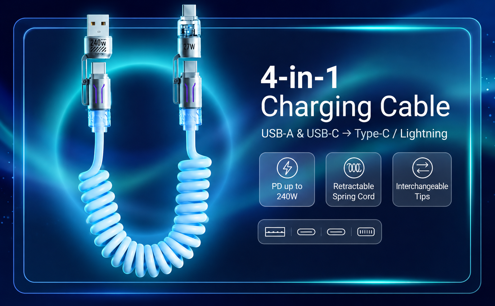 4-in-1 Type-C Phone Charging Cable PD 240W Fast Charging with Spring Cord Design