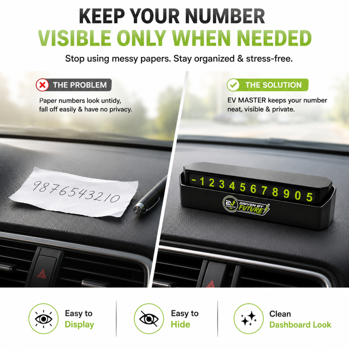 An infographic comparison showing a handwritten paper number on a dashboard versus a black electronic digital dashboard number display labeled 'EV MASTER'. The top text reads 'KEEP YOUR NUMBER VISIBLE ONLY WHEN NEEDED' with benefits and features listed below.