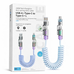 4-in-1 Type-C Phone Charging Cable PD 240W Fast Charging 6.5 foot Spring Cord with RGB light and fregurence